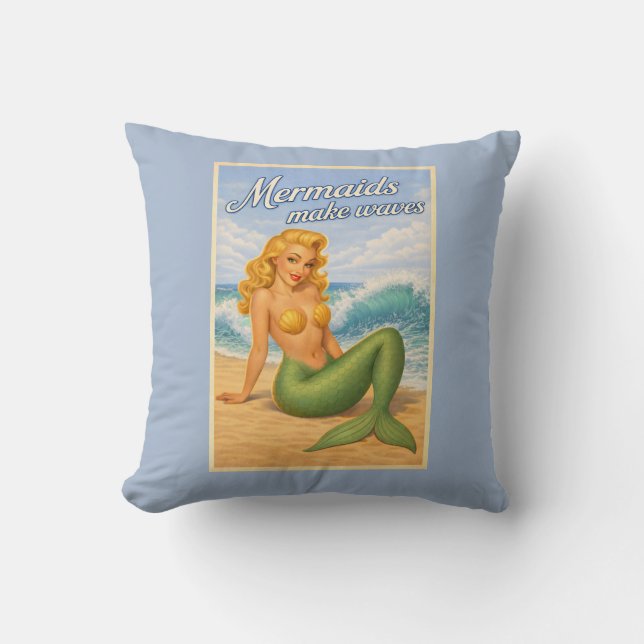 Mermaids Make Waves Retro Coastal Blue Beach Decor Cushion (Front)