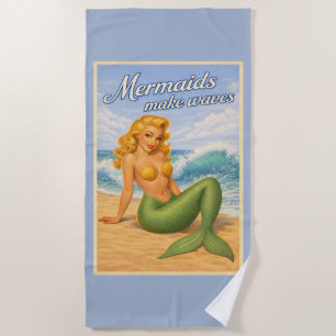 Mermaids Make Waves Retro Pin-Up Art Coastal Blue Beach Towel