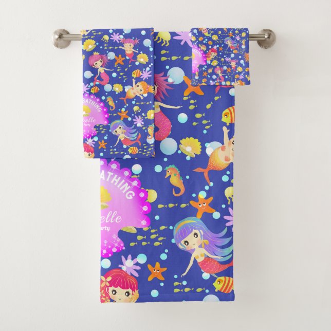 Mermaids Navy Blue Bath Towel Set (Insitu)