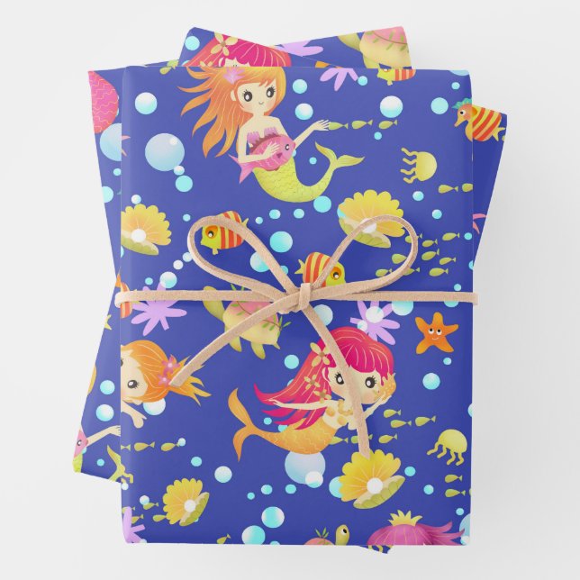 Mermaids Navy Blue Wrapping Paper Sheet (In situ)