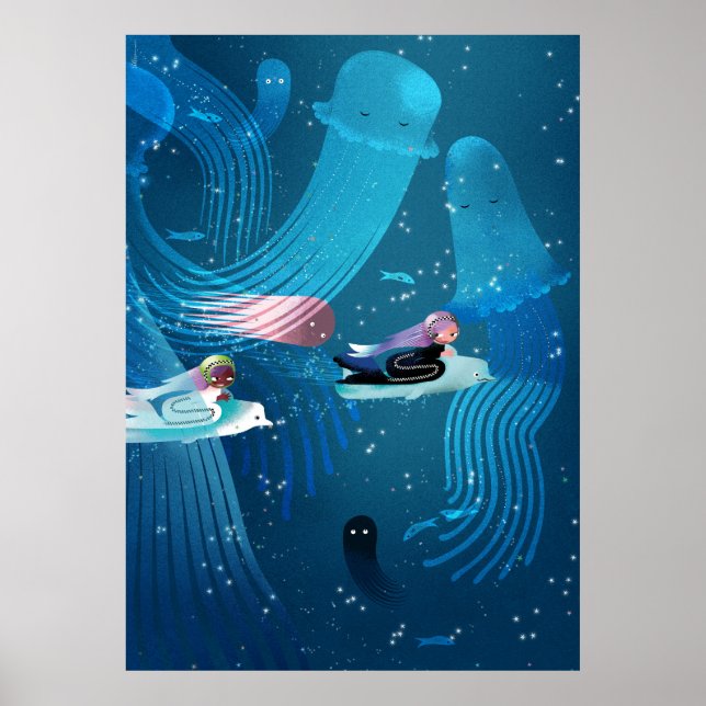 Mermaids racing in ocean kids' illustration poster (Front)