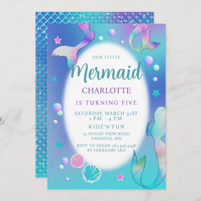 Mermaids Rainbow Iridescent Glitter Pink Aqua Cute Invitation (Front/Back)