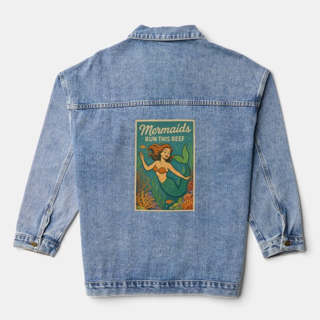 Mermaids Run This Reef Art Retro Coral Ocean Life Denim Jacket (Back)