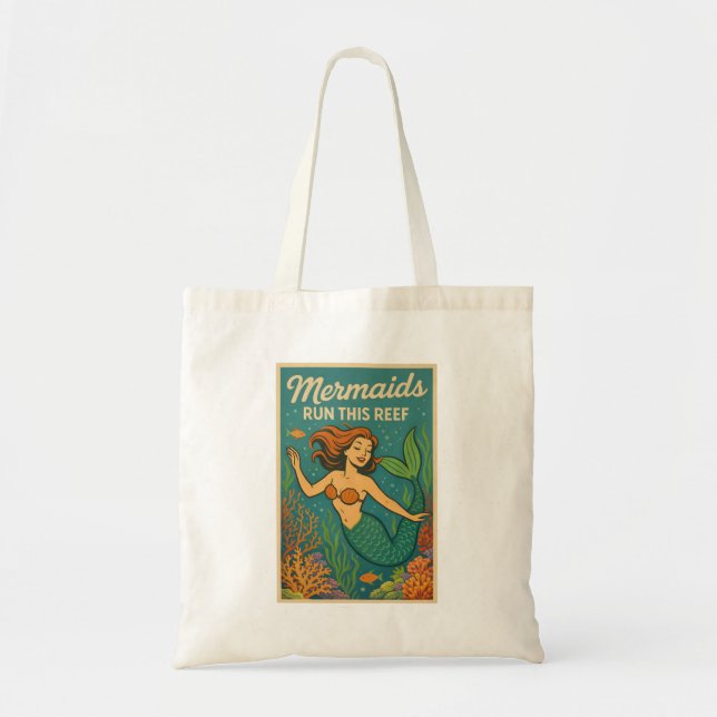 Mermaids Run This Reef | Retro Coral Fish Beach Tote Bag (Front)