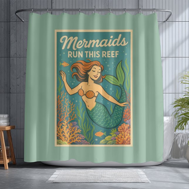 Mermaids Run This Reef | Retro Coral Fish Sea Life Shower Curtain (Creator Uploaded)