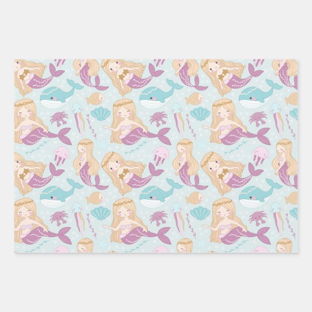 Mermaids Sea Baby Shower Girls Birthday Party Wrapping Paper Sheet (Front)