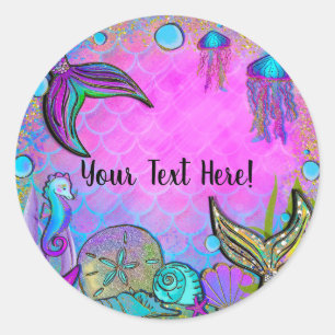 Mermaids & Sea Shells Pink Sparkly Party Classic Round Sticker