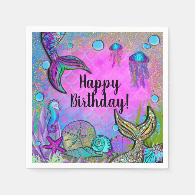 Mermaids & Sea Shells Pink Sparkly Party Napkin (Front)