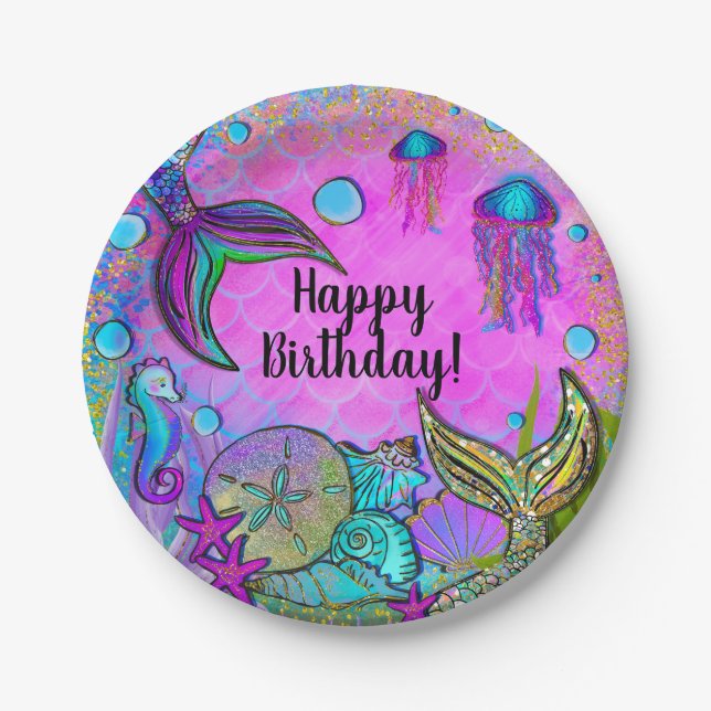 Mermaids & Sea Shells Pink Sparkly Party Paper Plate (Front)