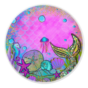 Mermaids & Sea Shells Pink Sparkly Sparkles Ceramic Knob