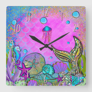 Mermaids & Sea Shells Pink Sparkly Sparkles Square Wall Clock