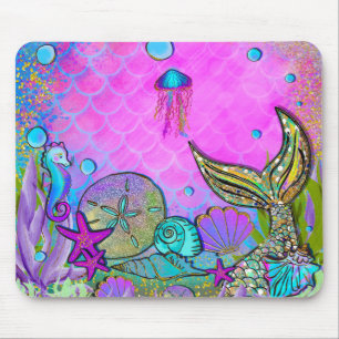 Mermaids & Sea Shells Under the Sea Pink Sparkle Mouse Pad