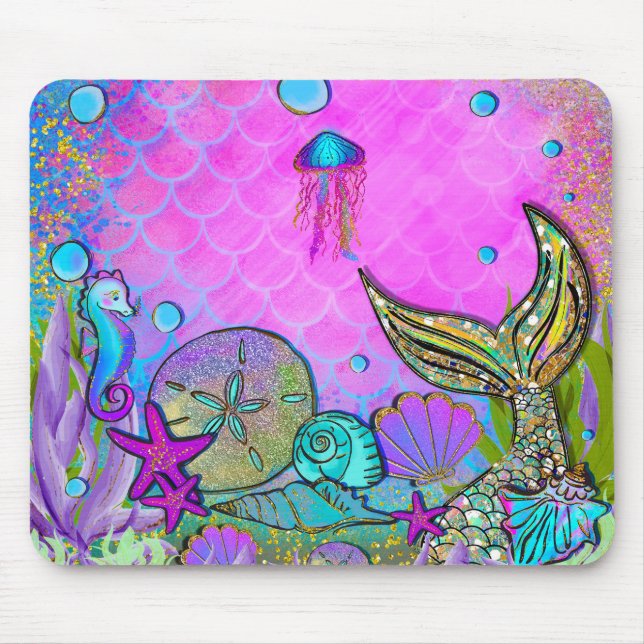Mermaids & Sea Shells Under the Sea Pink Sparkle Mouse Pad (Front)