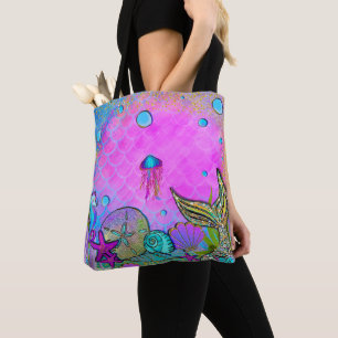 Mermaids & Sea Shells Under the Sea Pink Sparkle Tote Bag