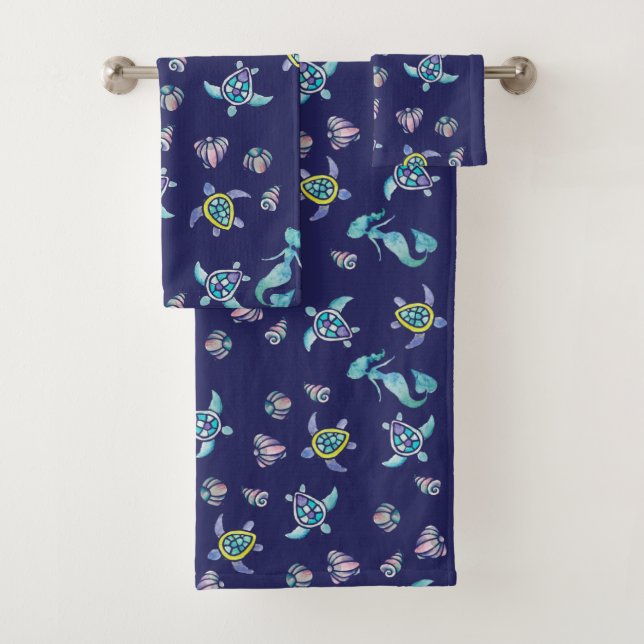 Mermaids Sea Turtles Seashell pattern Bath Towel Set (Insitu)