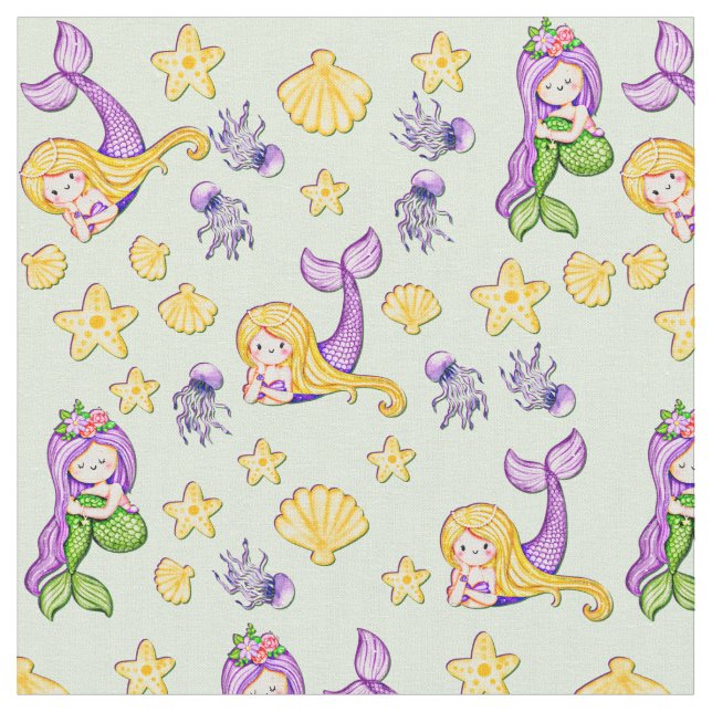 Mermaids & Shells Purple Green Yellow Fabric (Close Up)