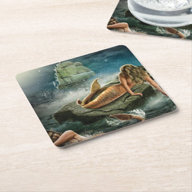 mermaids & ship square paper coaster (Angled)