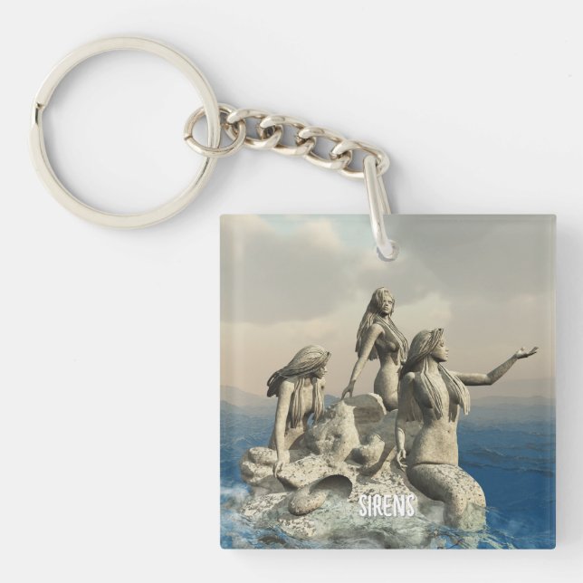 Mermaids statue. Customised Key Ring (Front)
