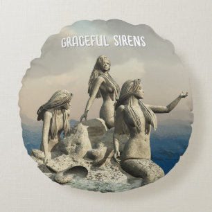 Mermaids statue. Customised Round Cushion