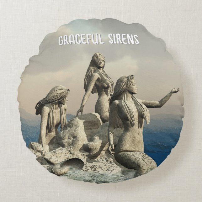 Mermaids statue. Customised Round Cushion (Front)