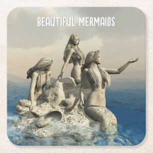 Mermaids statue. Customised Square Paper Coaster