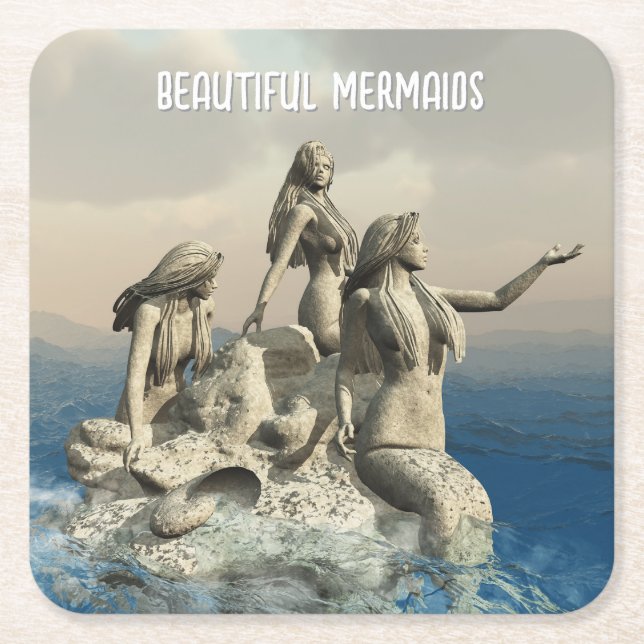 Mermaids statue. Customised Square Paper Coaster (Front)