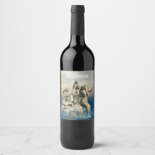 Mermaids statue. Customised Wine Label