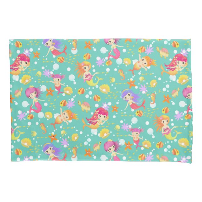 Mermaids Teal with Gingham Pillowcase (Front)