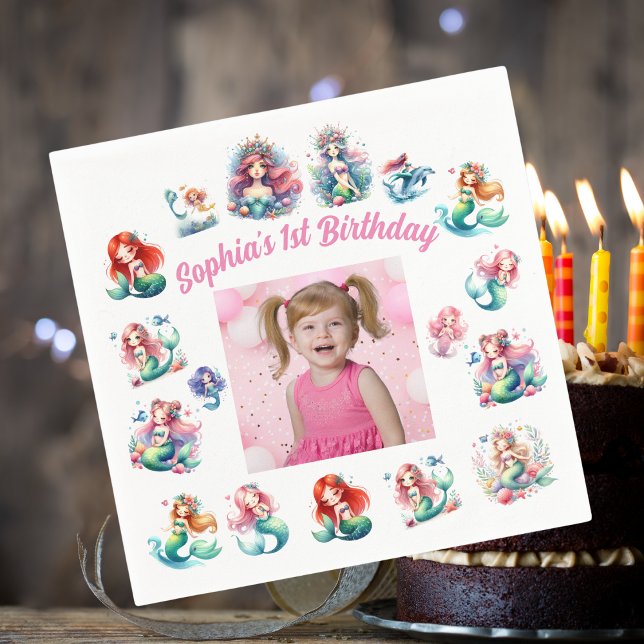 Mermaids Under the Sea Photo Kids Birthday Party Napkin (Creator Uploaded)