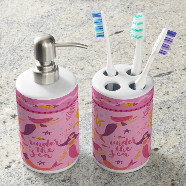 Mermaids Under The Sea - pink mauve Bathroom Set (Front)