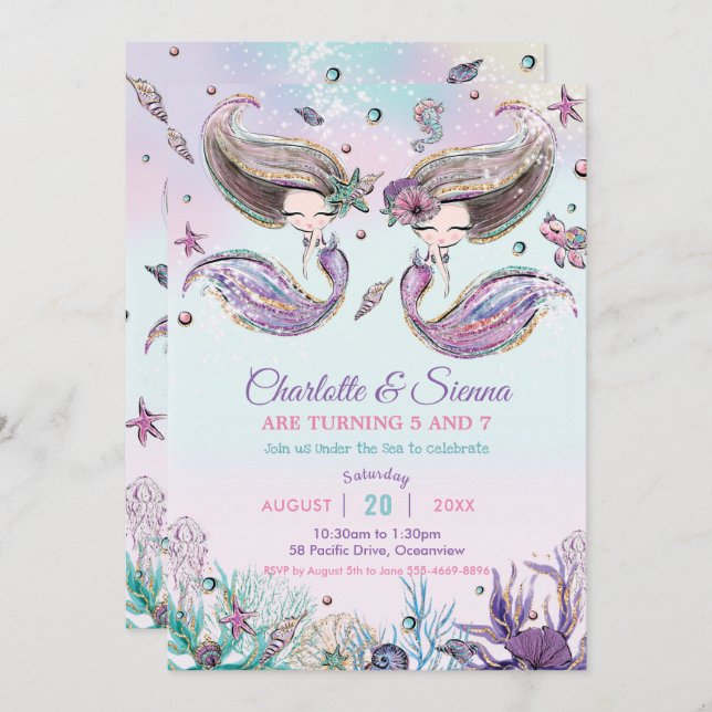 Mermaids Under the Sea Twins Sisters Birthday Invitation (Front/Back)