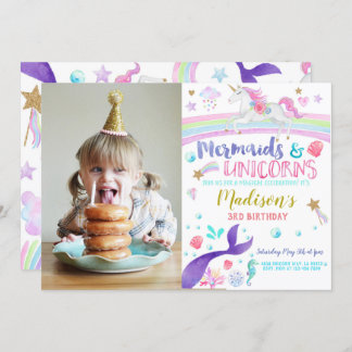 Mermaids Unicorns birthday party invitation