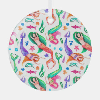 Mermaids Watercolor: Seamless Oceanic Pattern Glass Tree Decoration