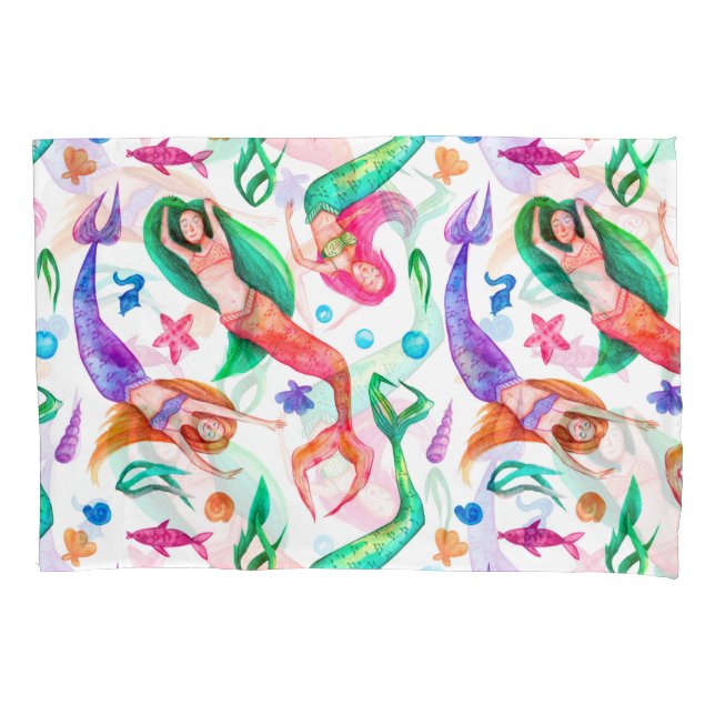 Mermaids Watercolor: Seamless Oceanic Pattern Pillowcase (Front)