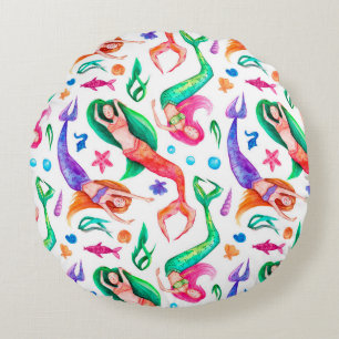 Mermaids Watercolor: Seamless Oceanic Pattern Round Cushion
