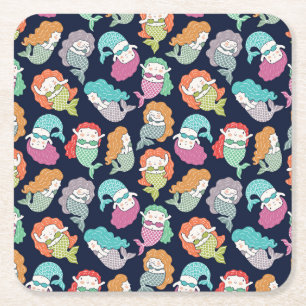 Mermaids: whimsical seamless pattern. square paper coaster