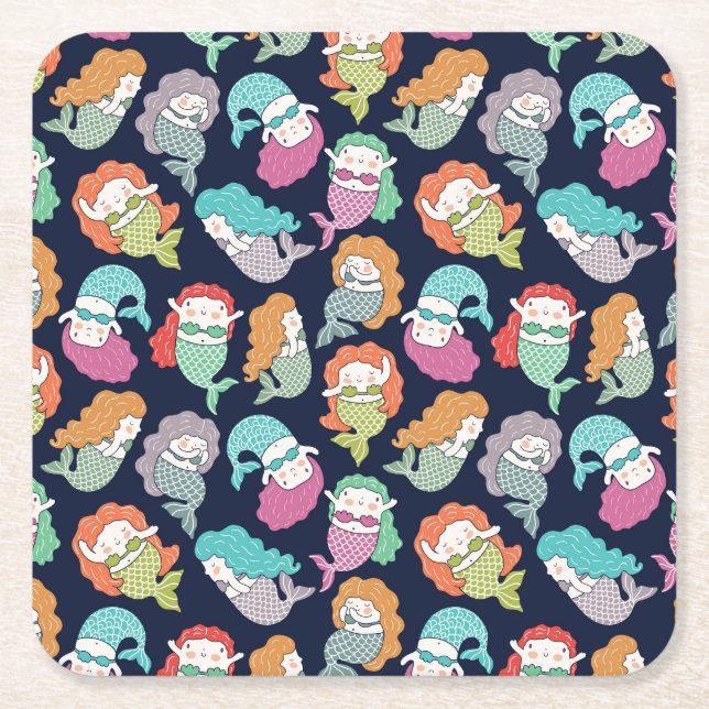 Mermaids: whimsical seamless pattern. square paper coaster (Front)