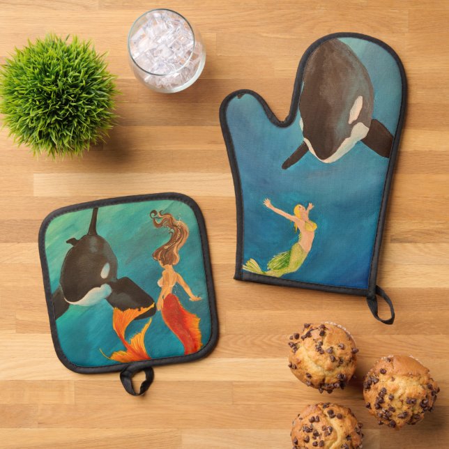 Mermaids with Orcas Oven Mitt & Pot Holder Set (Top Down)