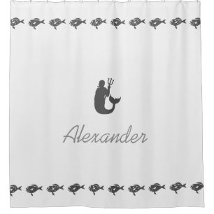 Merman and Fish Grey Maritime Symbols with Name Shower Curtain