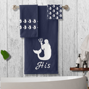 Merman Ocean Blue and White His Bath Towel Set
