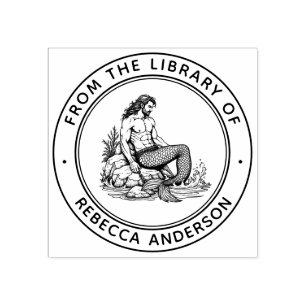 Merman on Rocks Ex Libris Bookplate Library Book Rubber Stamp