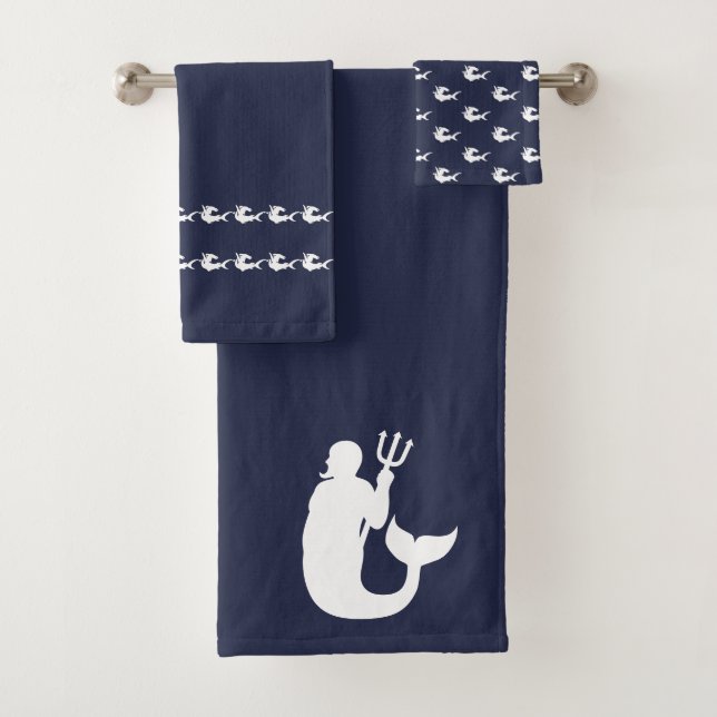 Merman sharks Bathroom Ocean blue &white Bath Towel Set (Insitu)