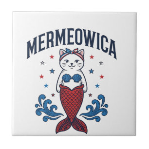 Mermeowica Patriotic Cat Mermaid Shirt Design_1 Ceramic Tile