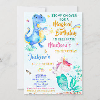 Mermicorn and Dinosaur birthday invitation twins