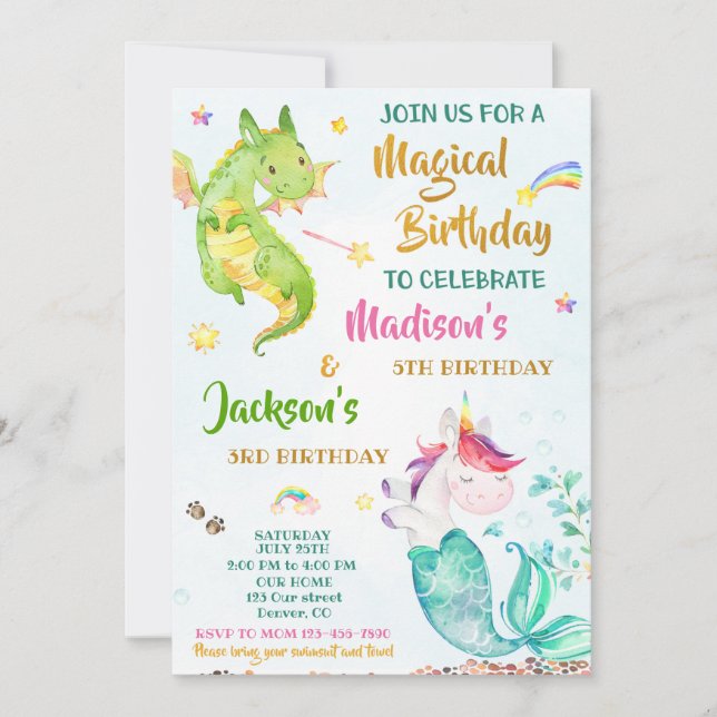 Mermicorn and Dragon birthday invitation for twins (Front)