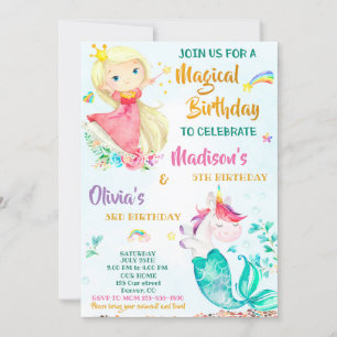Mermicorn and Princess birthday invitation girls