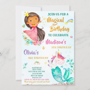 Mermicorn and Princess birthday invitation girls