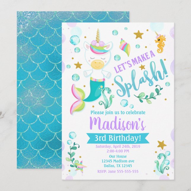 Mermicorn Birthday Invitation Mermaid Unicorn (Front/Back)