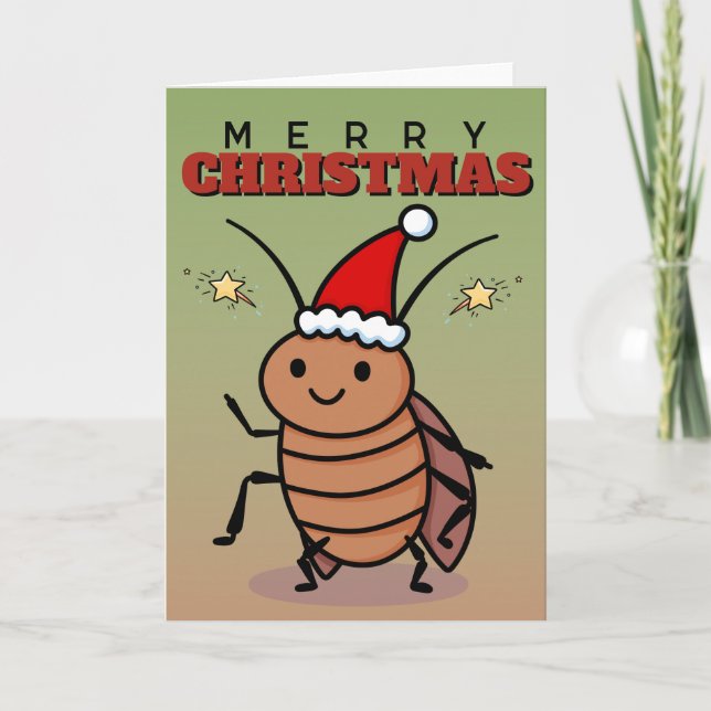 Merr Christmas Cockroach Wearing A Santa Hat Card (Front)