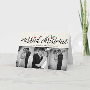 Merried Christmas Holly Mistletoe 3 Photo Wedding Announcement